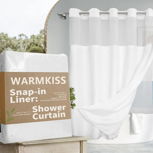 WARMKISS White Shower Curtain Liner Hooks Textured Linen Fabric Textile Faux Cotton Shower Curtains for Bathroom Set